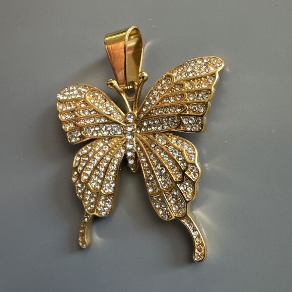 Butterfly Gold Tone Pendant Necklace Stainless Steel Gift Her Cubic Zirconia - Picture 2 of 6